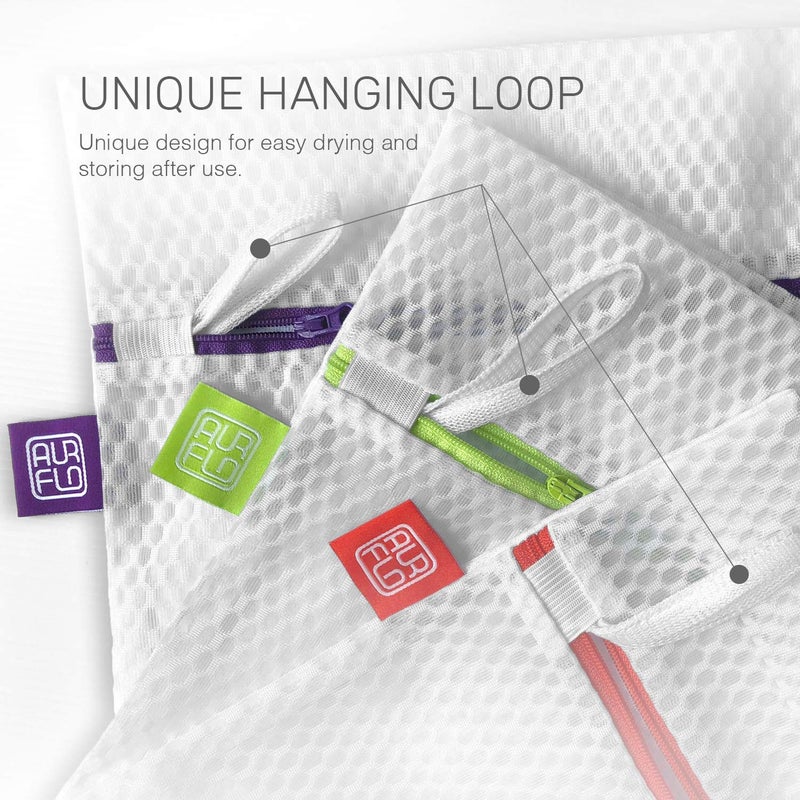 AURFLO Mesh Laundry Bags for Delicates â€“ 3 Medium Durable Net with Anti Rust Zipper, Hanging Loop-Garment Safe Wash Bags and Organizer for Washing Machine, Lingerie, Socks, Bra, Underwear, Baby Items, Travel - Image 5